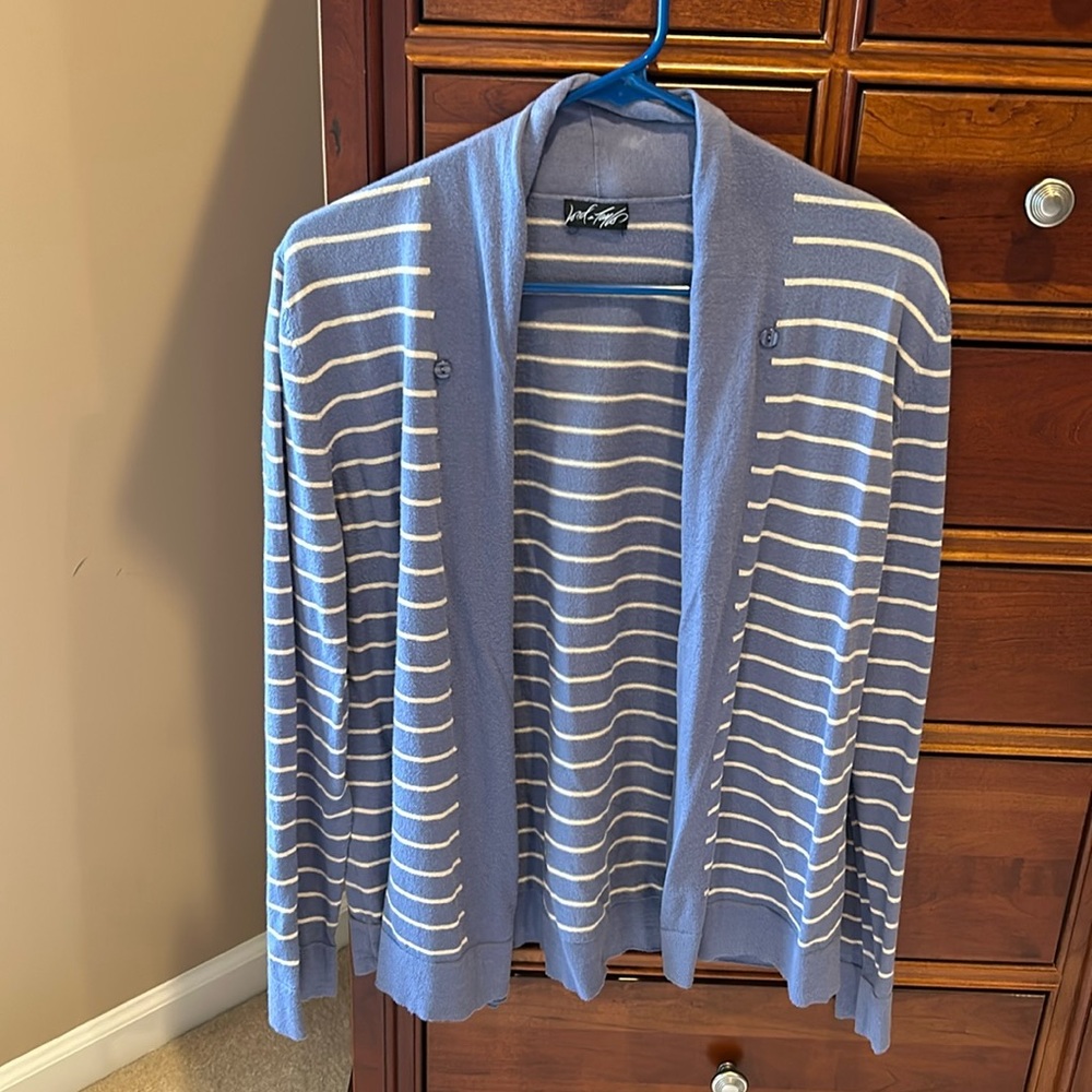 Lord & Taylor women’s cardigan, size large, periwinkle w/ ivory stripes
